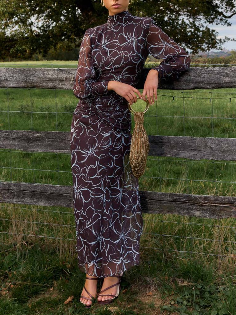 Printed Ruched Backless Maxi Dress