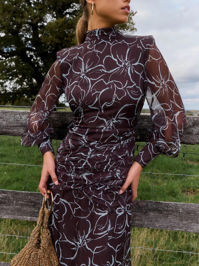 Printed Ruched Backless Maxi Dress