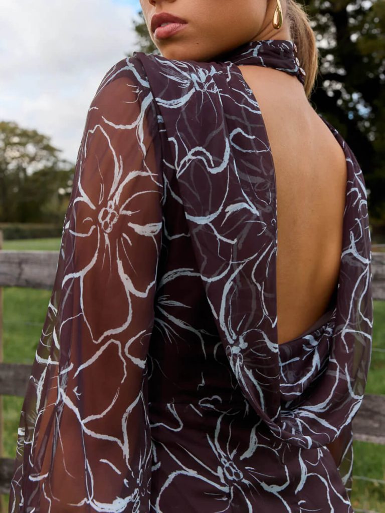 Printed Ruched Backless Maxi Dress