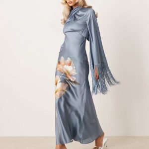 Printed Satin Elegant Maxi Dress