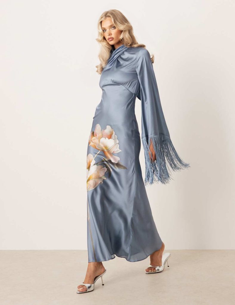 Printed Satin Elegant Maxi Dress