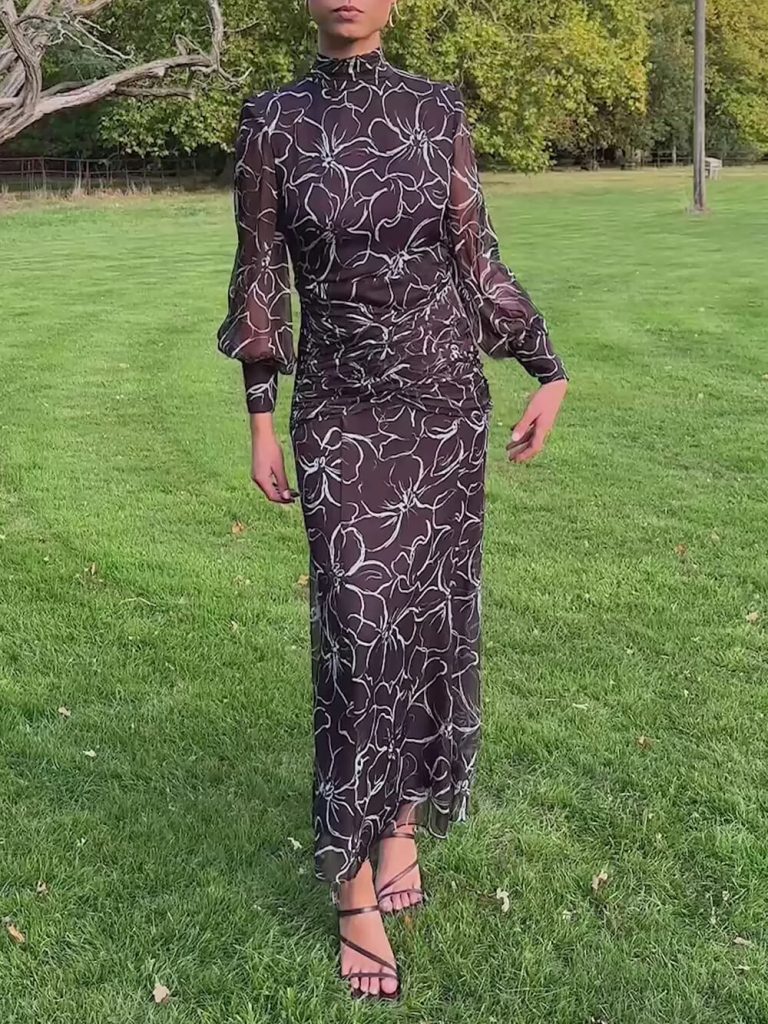 Printed Ruched Backless Maxi Dress