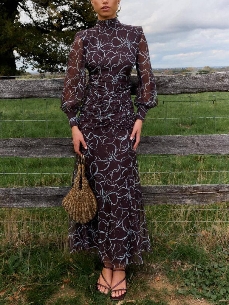 Printed Ruched Backless Maxi Dress